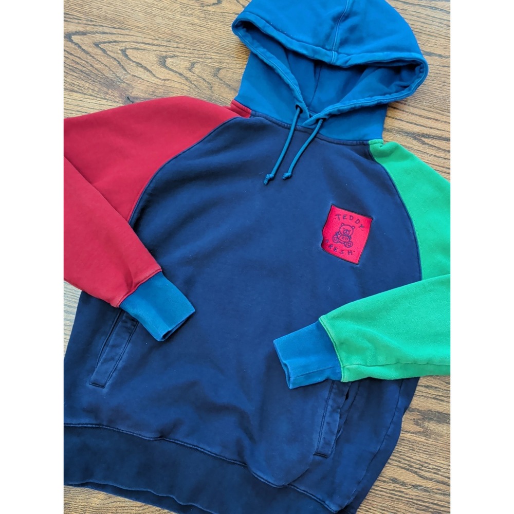 Teddy Fresh Hoodie Mens S Navy Colorblock Teddy Bear Patch Fleece Pullover